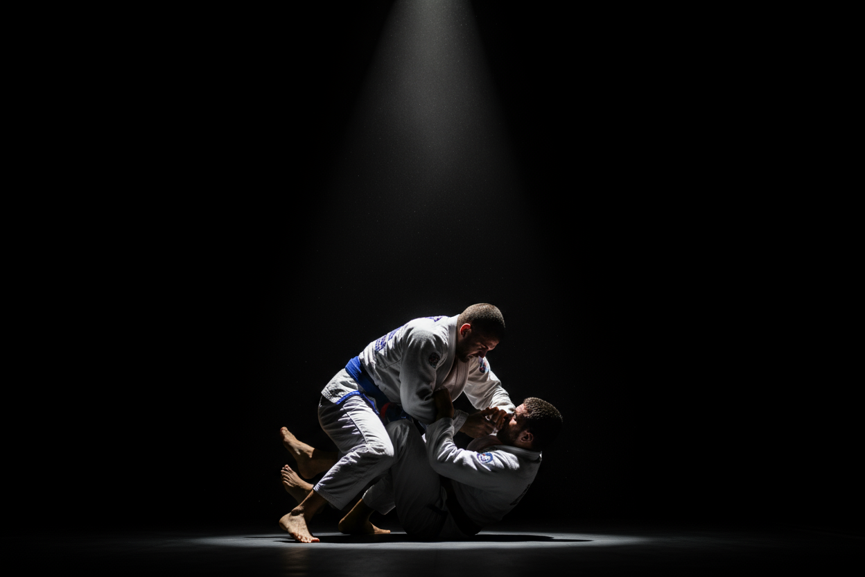 Duas pessoas lutando jiu jitsu com um holofote destacando-os e com um fundo totalmente preto