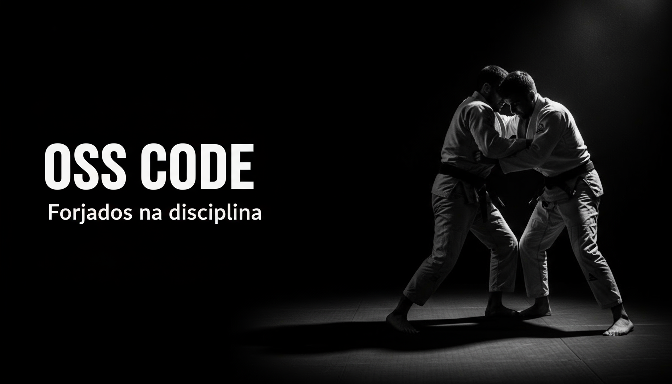 Fundo preto com duas pessoas disputando uma luta de jiu jitsu. A saturação zerada e todos os detalhes em preto. O conteúdo principal da imagem deve estar descentralizada e localizada no lado direito da imagem e ao lado esquerdo totalmente preto

Coloque uma frase do lado esquedo da foto com a fonte Montserrat em negrito na cor branca com o seguinte conteúdo "OSS CODE" e abaixo desta frase, um subtítulo com o seguinte conteúdo "Forjados na disciplina"